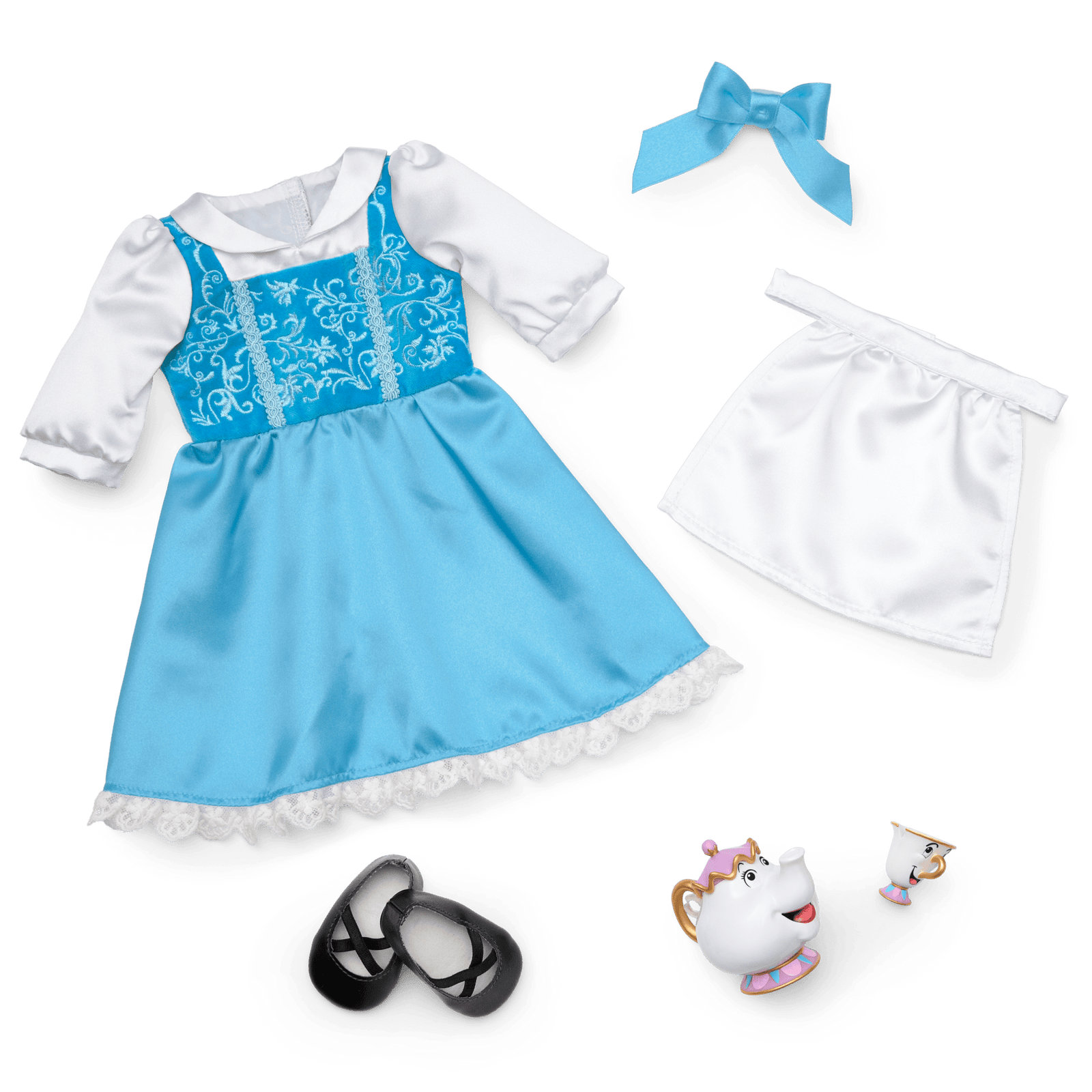 American Girl® Disney Princess Belle Blue Dress, Mrs. Potts, Chip & Accessories for 18-inch Dolls V3