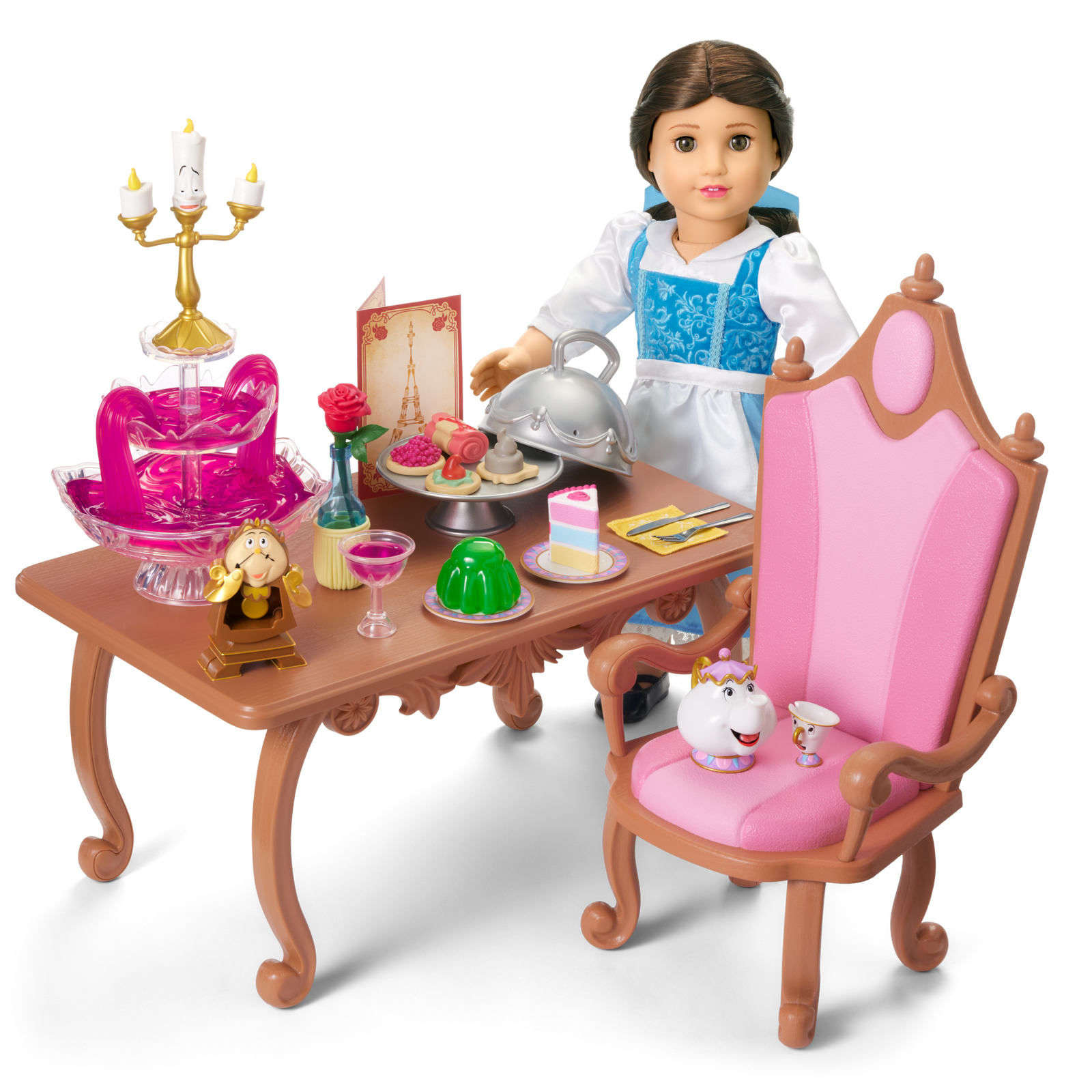 Disney Princess Belle Enchanted Castle Dining Set, Blue Dress & Friends Bundle for 18-inch Dolls U9