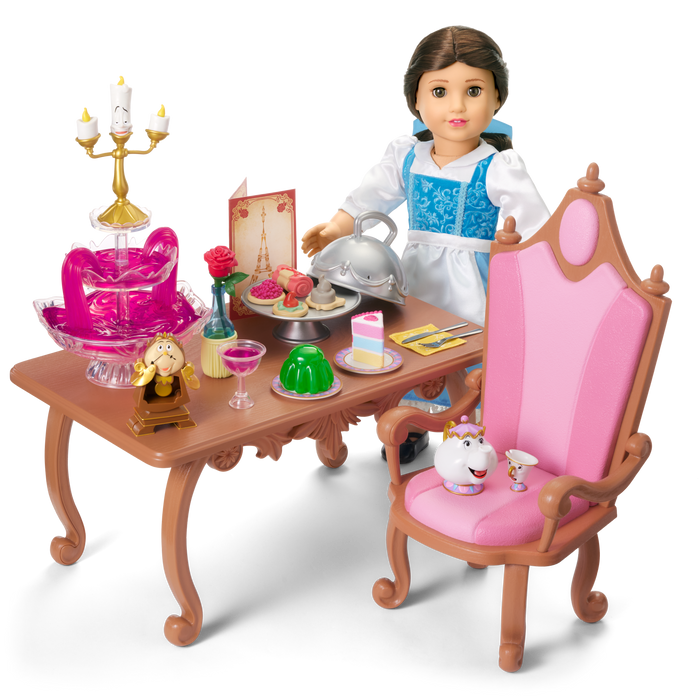 Disney Princess Belle Enchanted Castle Dining Set, Blue Dress & Friends Bundle for 18-inch Dolls U9