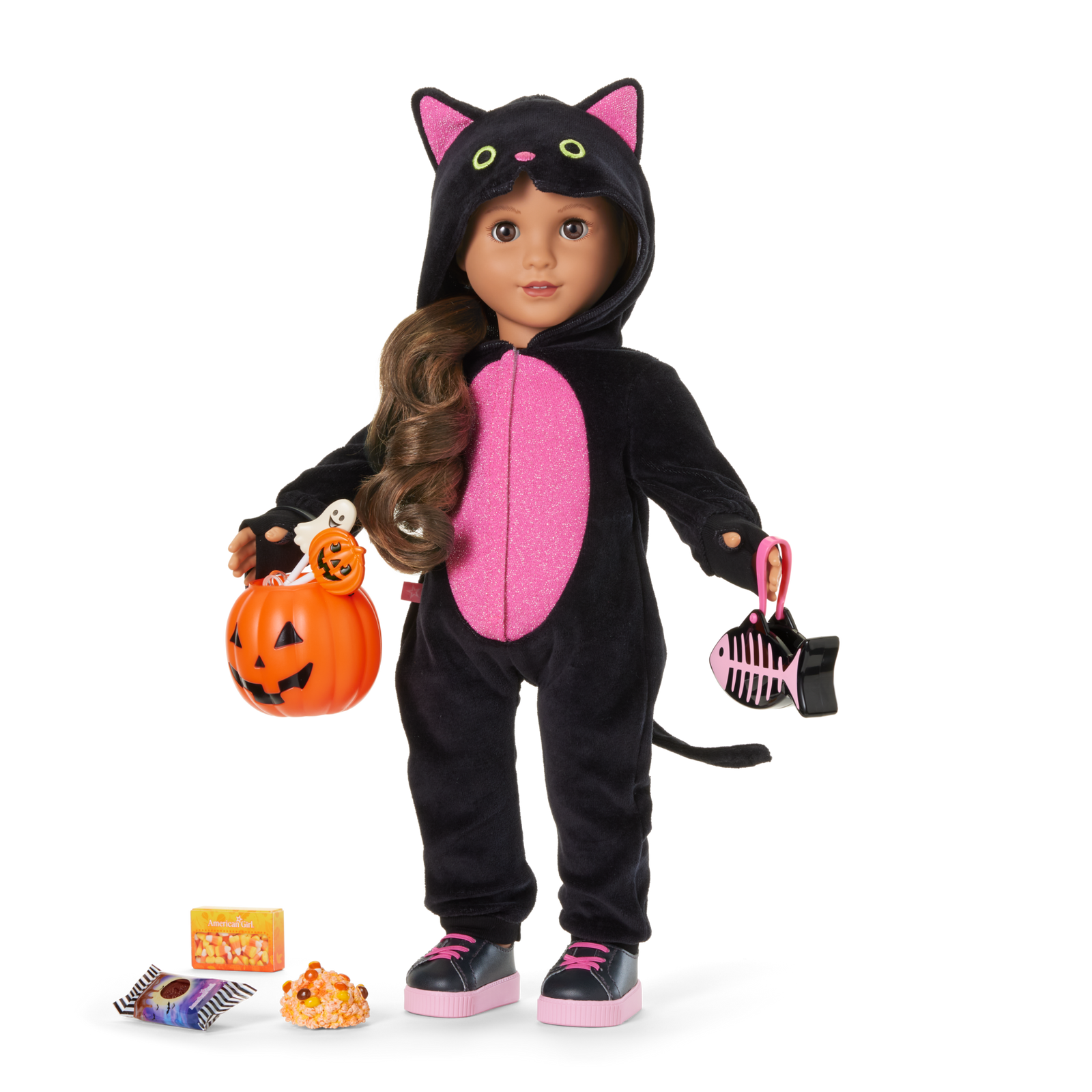 Claws & Cuddles Cat Costume & Trick-or-Treat Set Bundle for 18-inch Dolls U6