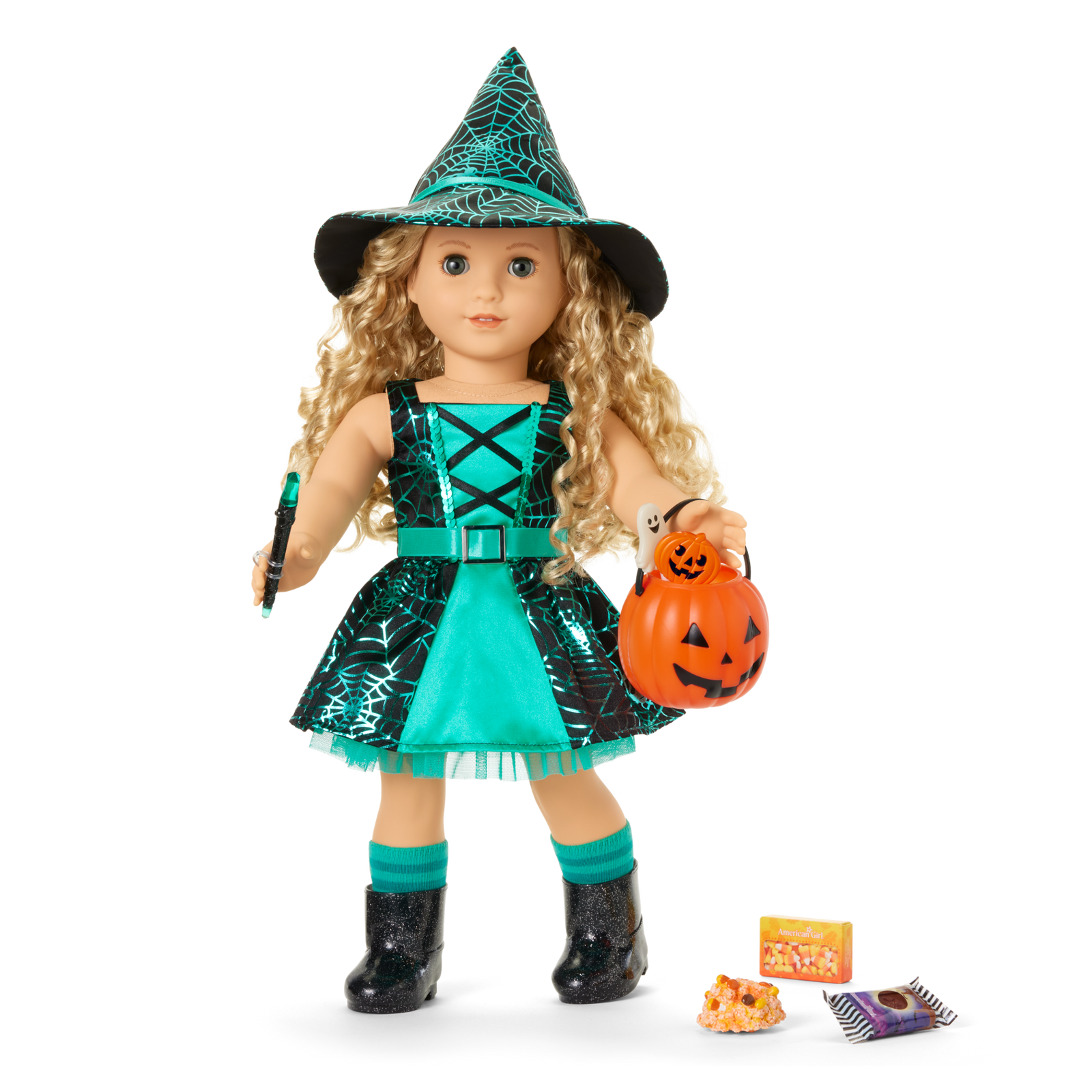 Witchy Webs Costume & Trick-or-Treat Set Bundle for 18-inch Dolls U6